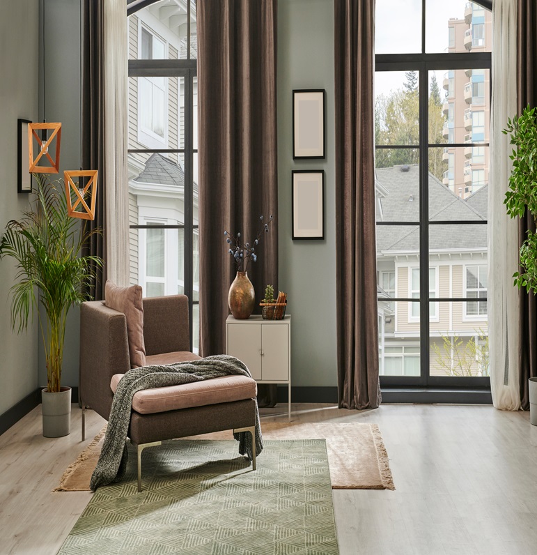 Grey,Living,Room,With,Window,Concept,Curtain,And,Garden,View.